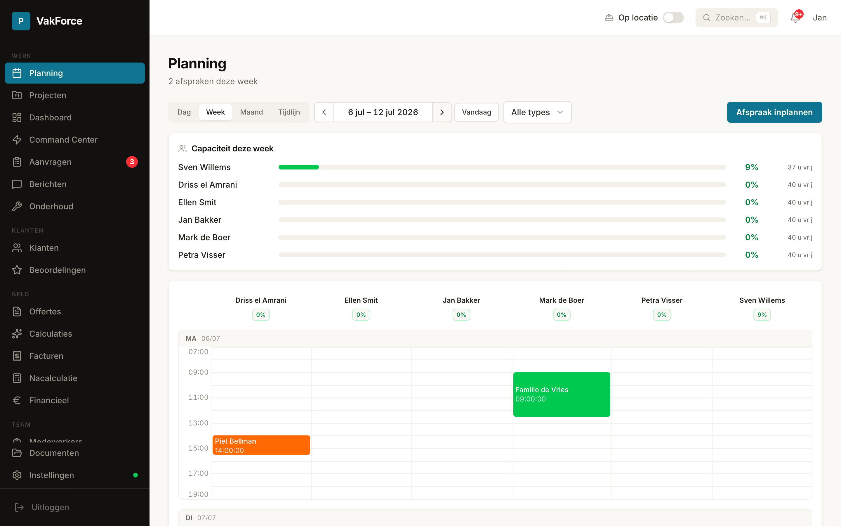Het planbord in VakForce met de week van 6 juli, capaciteit per monteur en ingeplande klussen